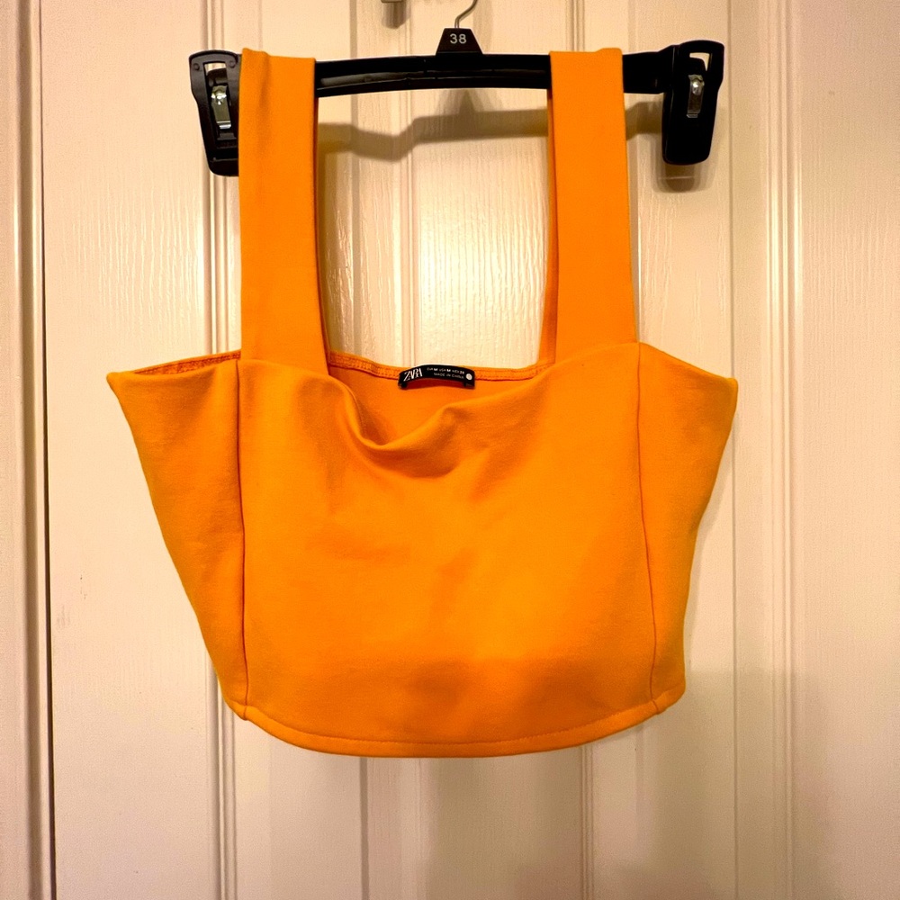 Zara size medium orange crop top, square neck and wide shoulder straps